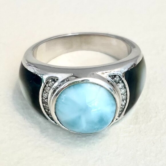 MARAHLAGO, LARIMAR RING WITH MOTHER OF PEARL AND WHITE SAPPHIRE - Picture 1 of 3